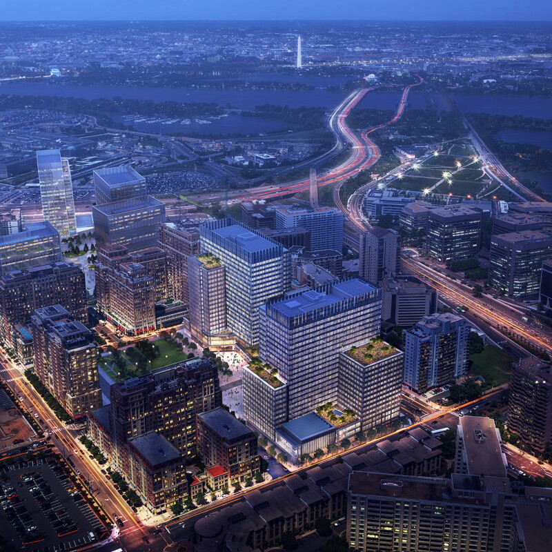 Aerial view of a global business district at dusk