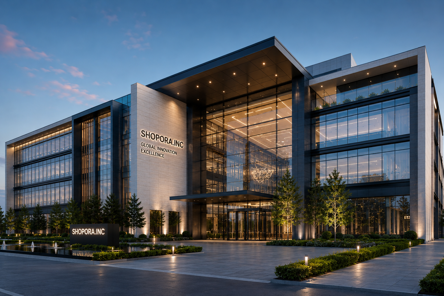 Shopora headquarters exterior at dusk